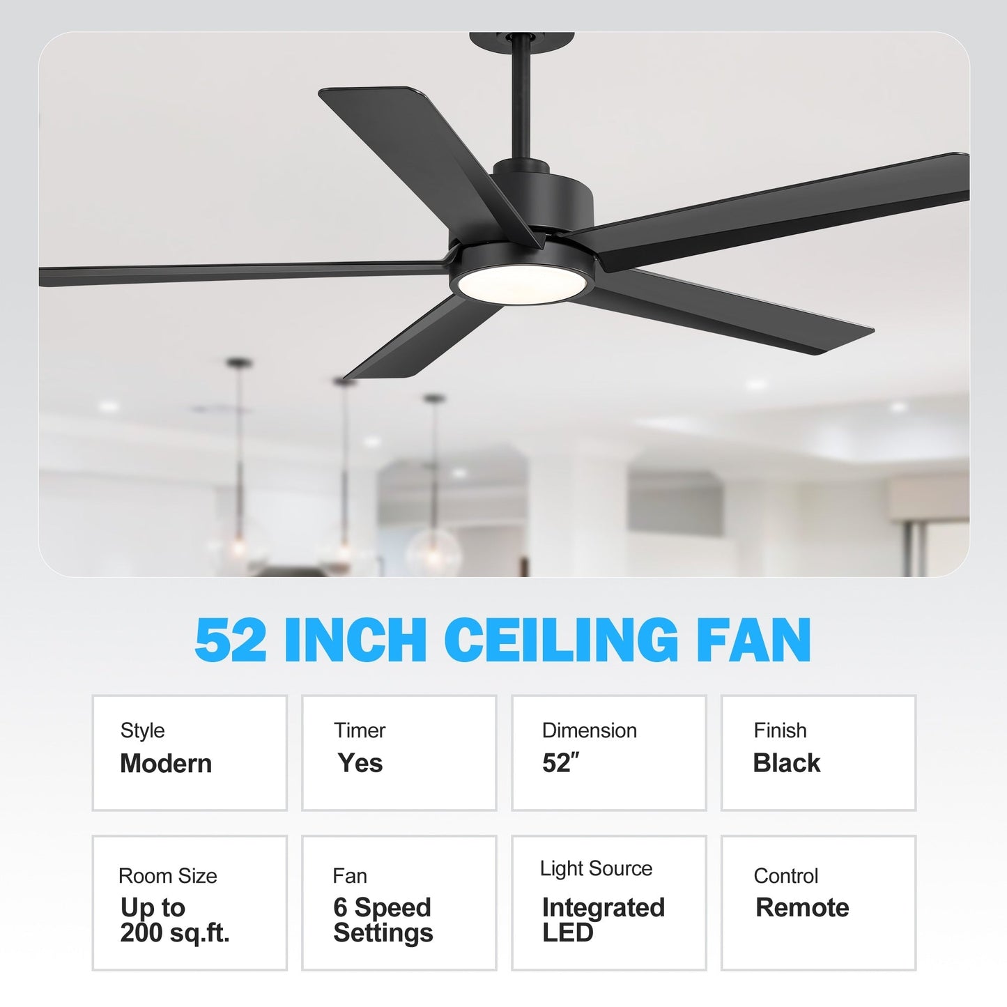 Ventilateur de plafond LED Breezary 65/52/42 à 5 pales avec kit d'éclairage et télécommande
