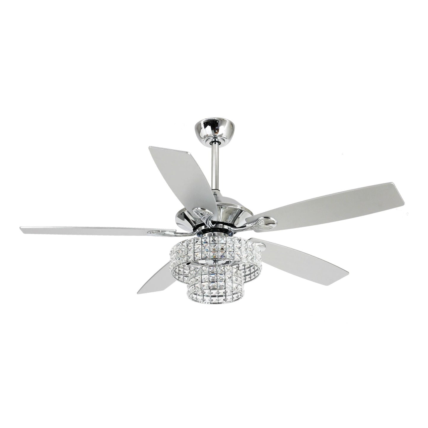Ventilateur de plafond moderne en cristal et bois chromé de 52 pouces, 5 pales, avec télécommande