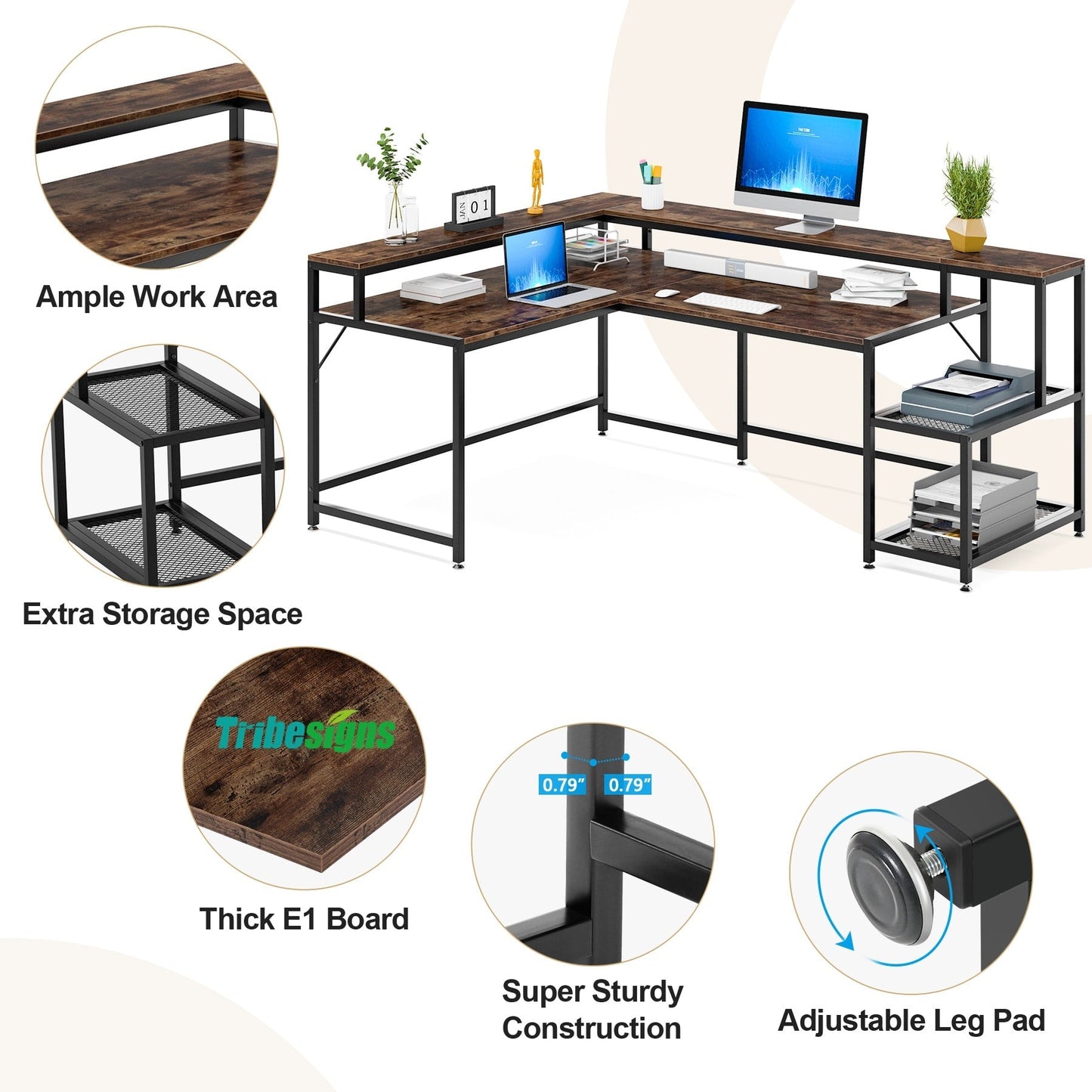 Bureau en L avec étagère pour écran, bureau d'angle réversible pour bureau à domicile 69