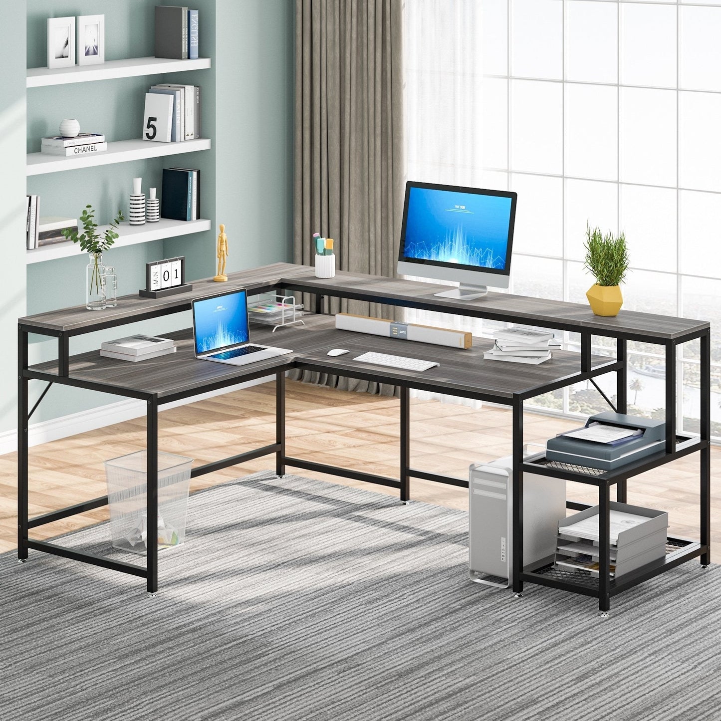 Bureau en L avec étagère pour écran, bureau d'angle réversible pour bureau à domicile 69