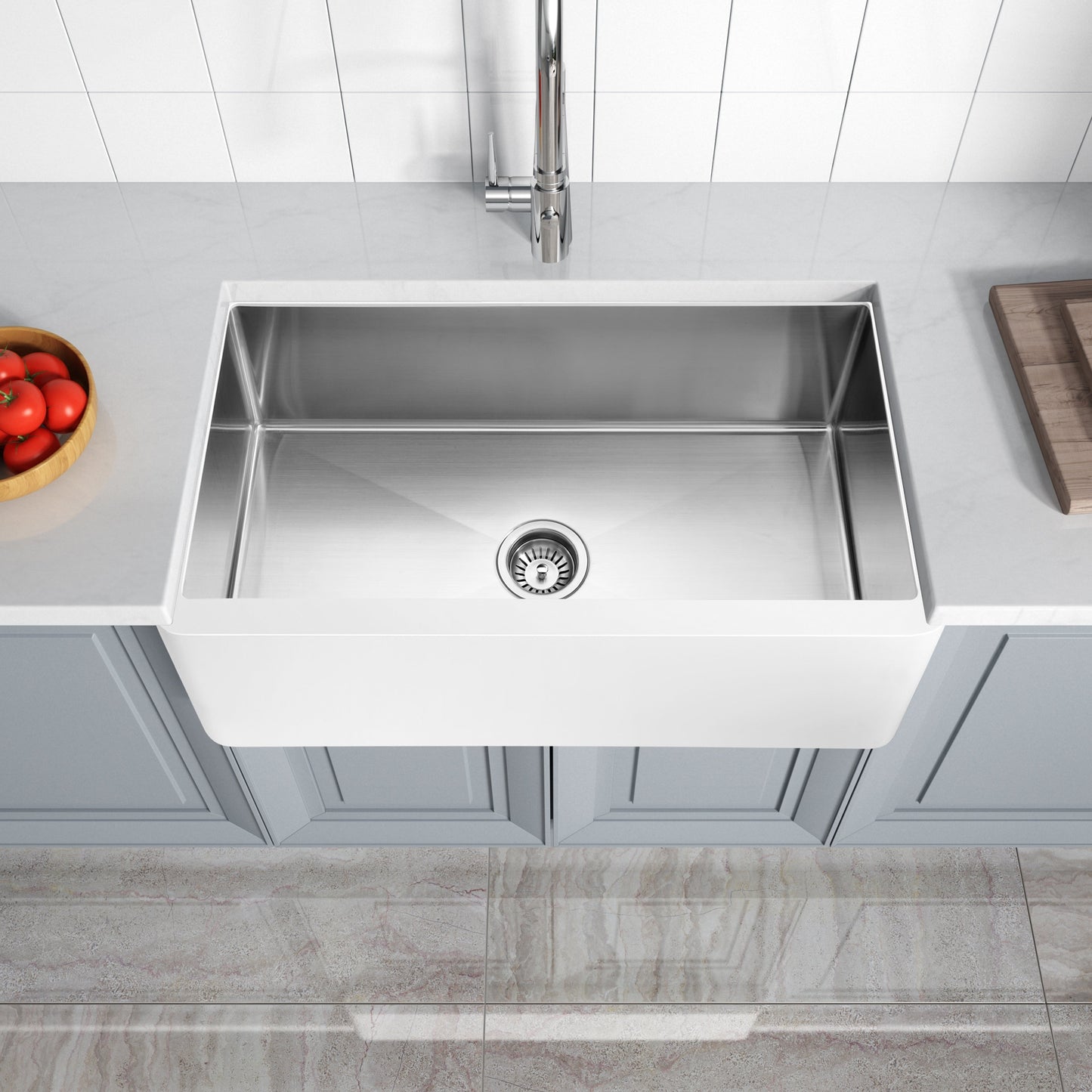 Évier de cuisine simple ANZZI Apollo blanc mat en surface solide de style ferme, 36 po, avec intérieur en acier inoxydable