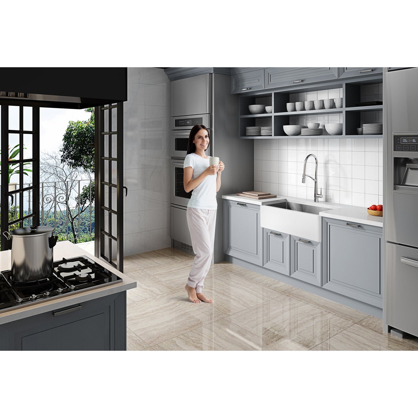 Évier de cuisine simple ANZZI Apollo blanc mat en surface solide de style ferme, 36 po, avec intérieur en acier inoxydable
