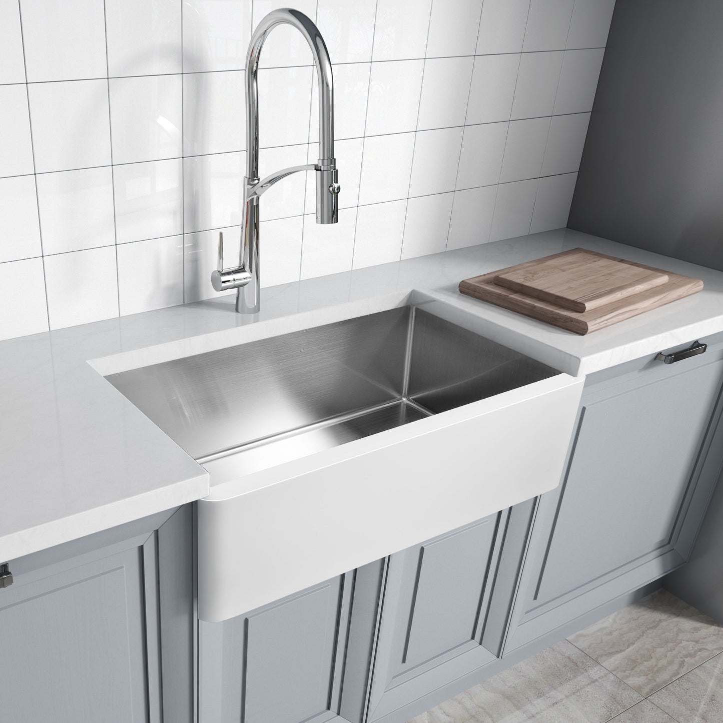 Évier de cuisine simple ANZZI Apollo blanc mat en surface solide de style ferme, 36 po, avec intérieur en acier inoxydable