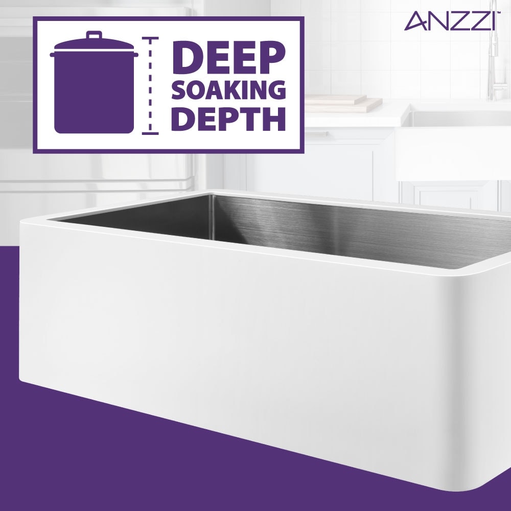 Évier de cuisine simple ANZZI Apollo blanc mat en surface solide de style ferme, 36 po, avec intérieur en acier inoxydable