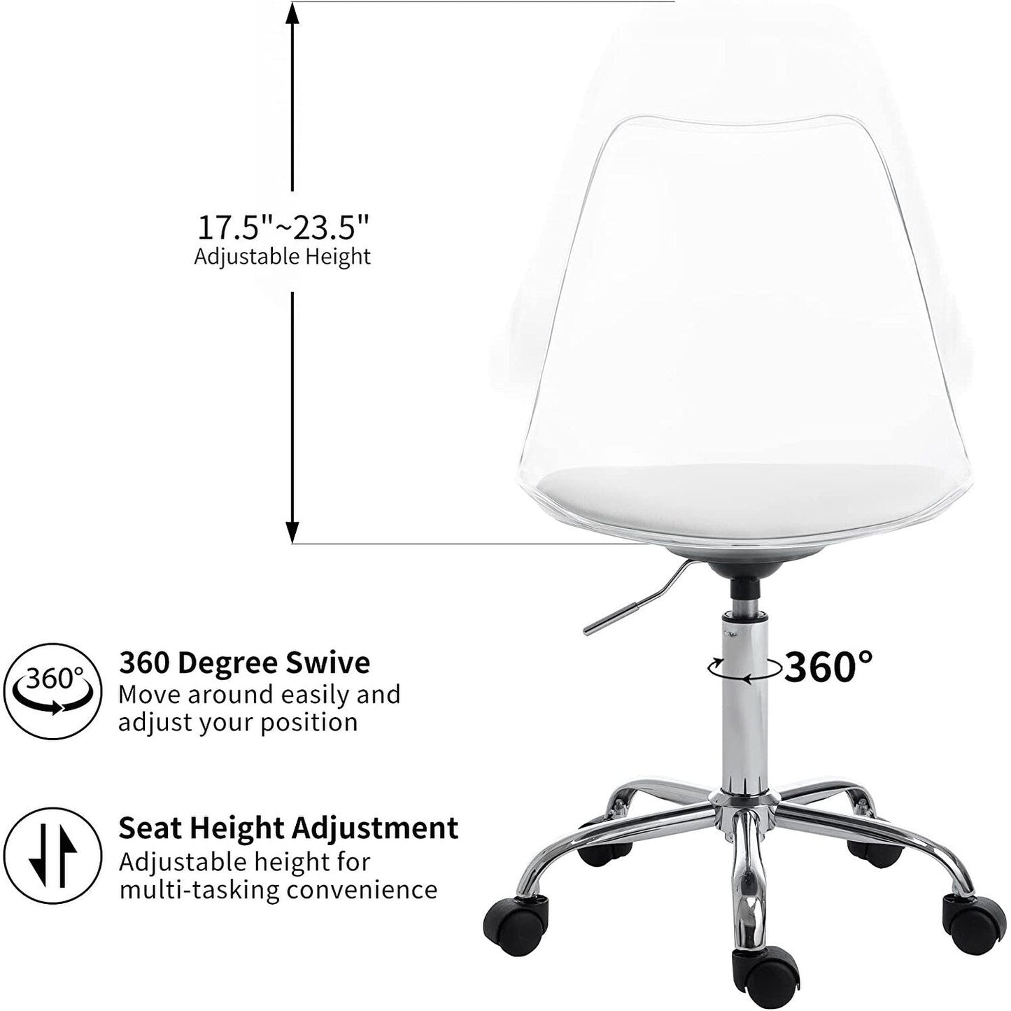 Chaise de bureau pivotante en acrylique à hauteur réglable sans accoudoirs