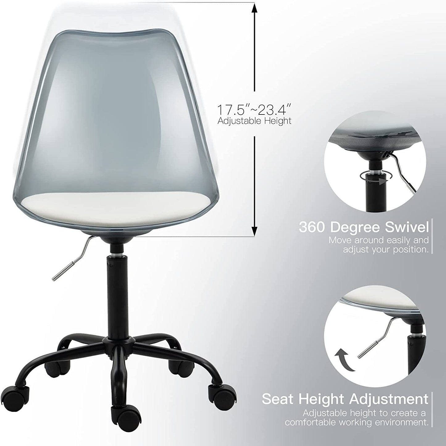 Chaise de bureau pivotante en acrylique à hauteur réglable sans accoudoirs