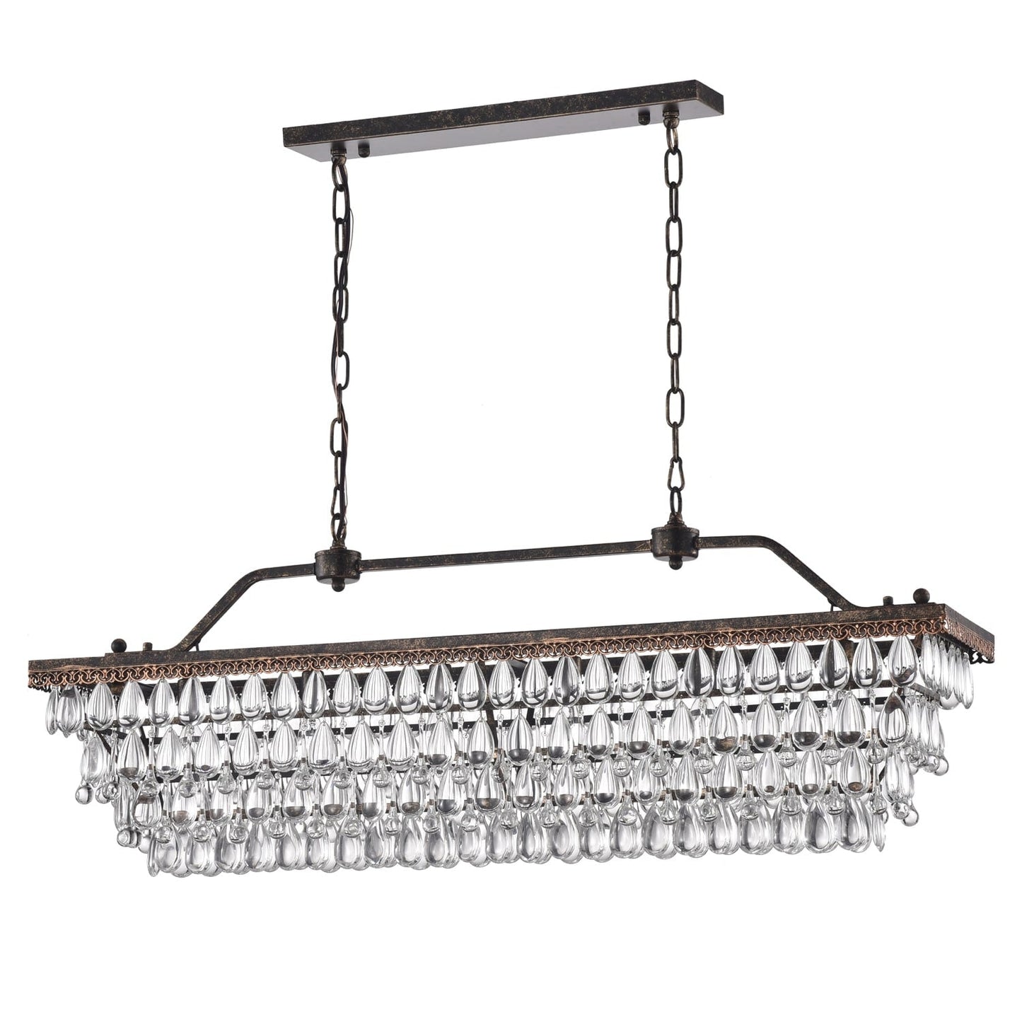 Éclairage rectangulaire pour îlot de cuisine en bronze antique à 6 lumières avec suspension en cristal - Bronze antique