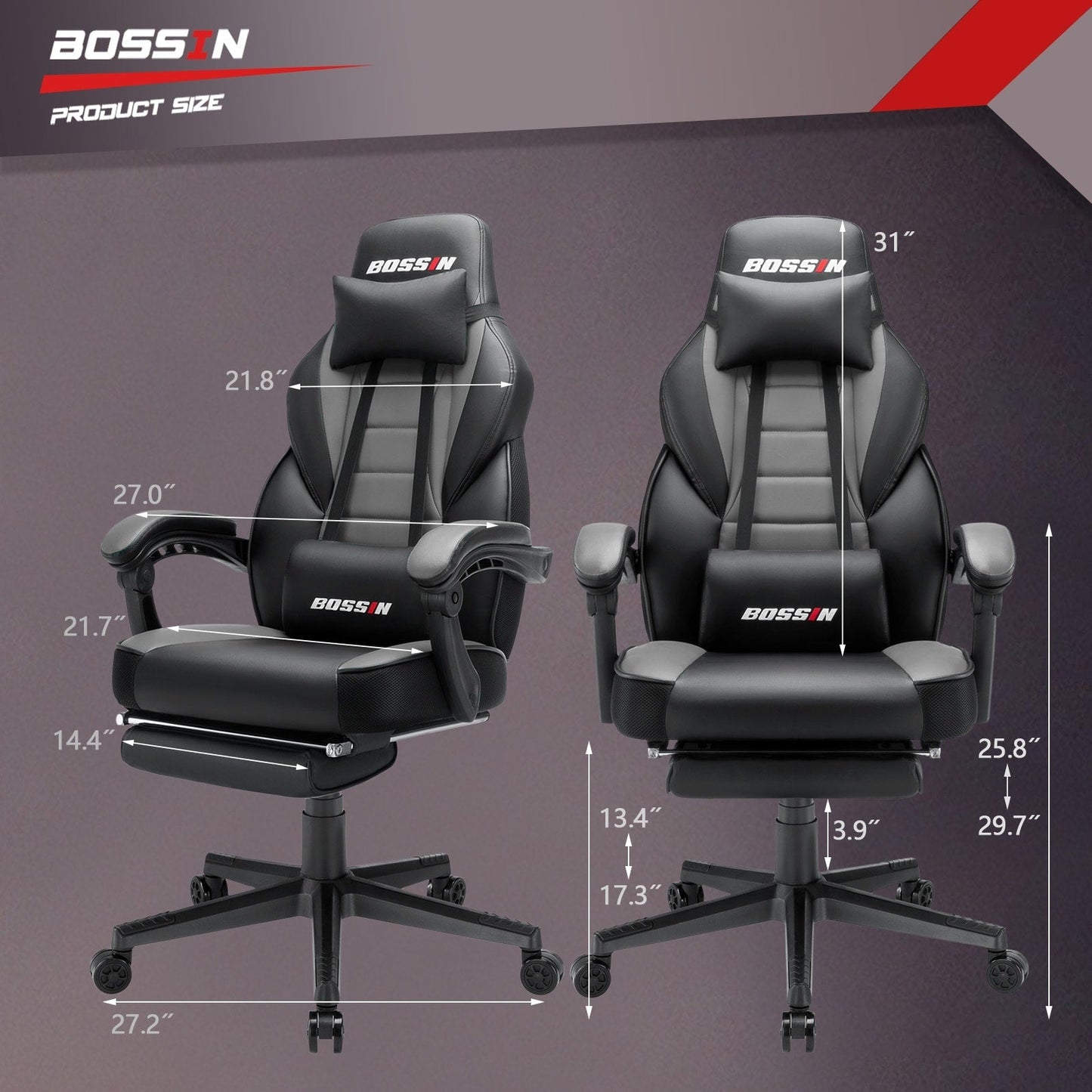 Chaise de jeu de style course BOSSIN, chaise de jeu grande et grande de 300 lb, chaise d'ordinateur à dossier haut