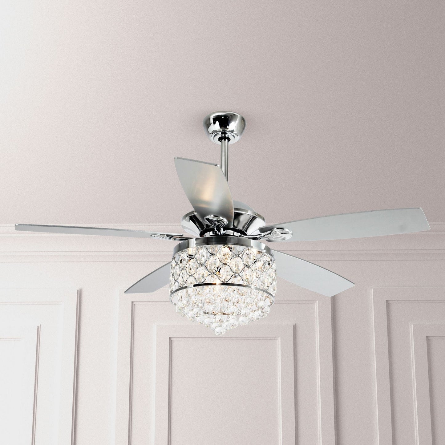 Lustre/ventilateur de plafond à 4 lumières en chrome/cristal avec télécommande