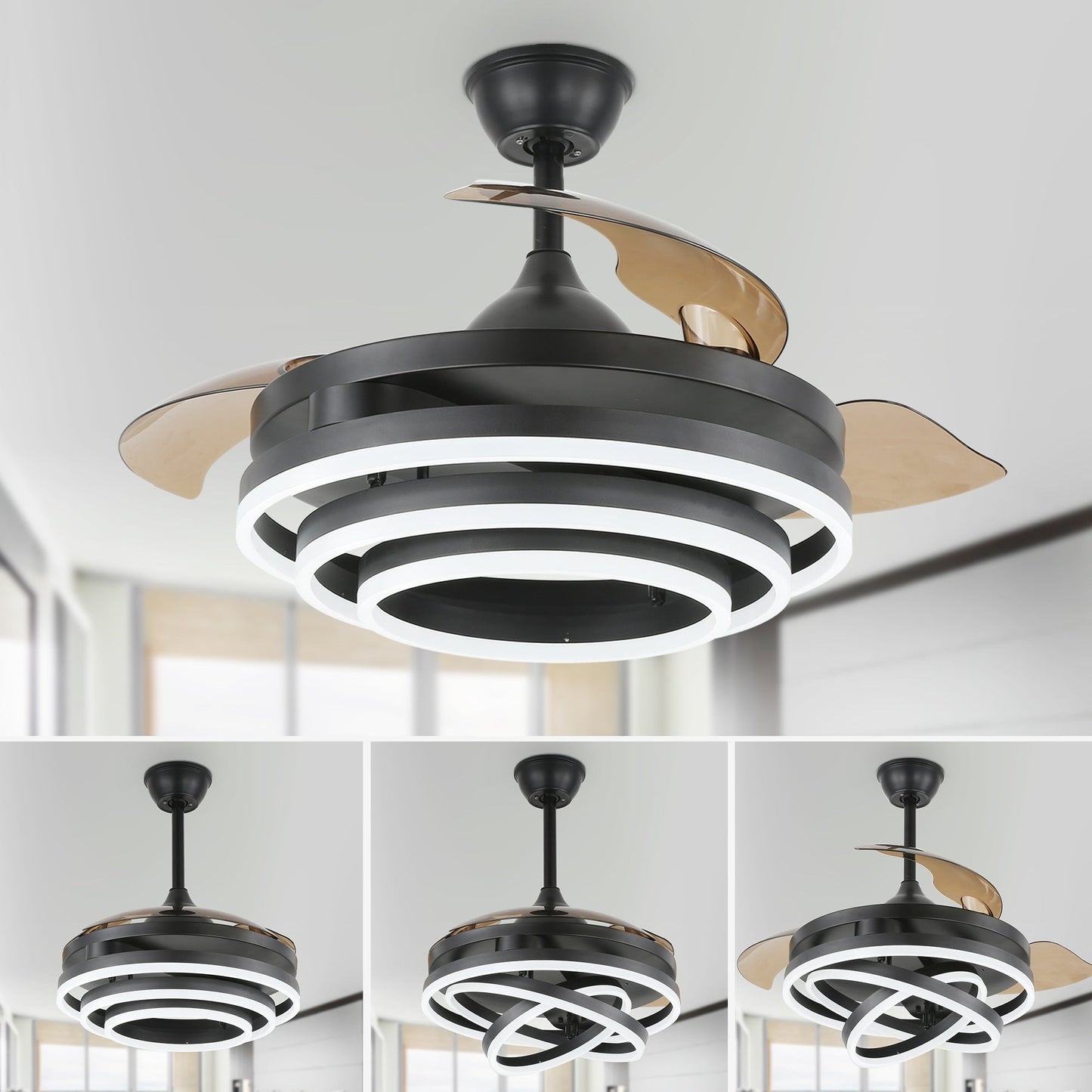 Ventilateur de plafond rétractable Cusp Barn 42 avec lumières et télécommande DIY Forme Fandelier Moderne Silencieux Moteur CC Plafonnier LED