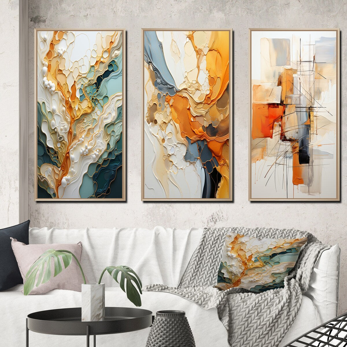Lot de 3 œuvres d'art murales abstraites encadrées Designart orange et blanc, abstraction organique, pour décoration de salon