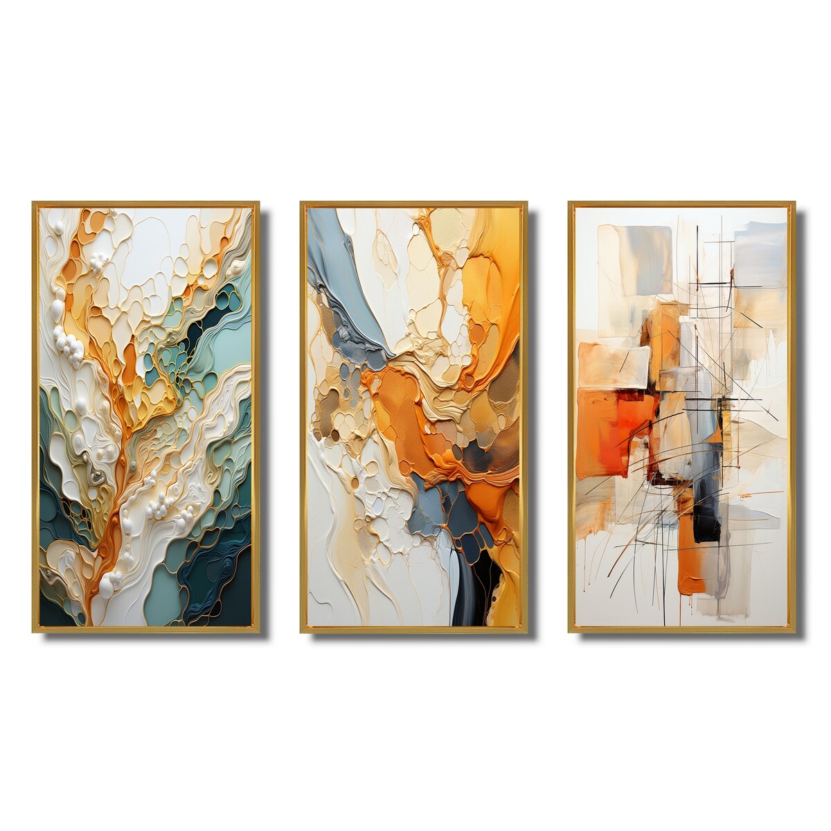 Lot de 3 œuvres d'art murales abstraites encadrées Designart orange et blanc, abstraction organique, pour décoration de salon