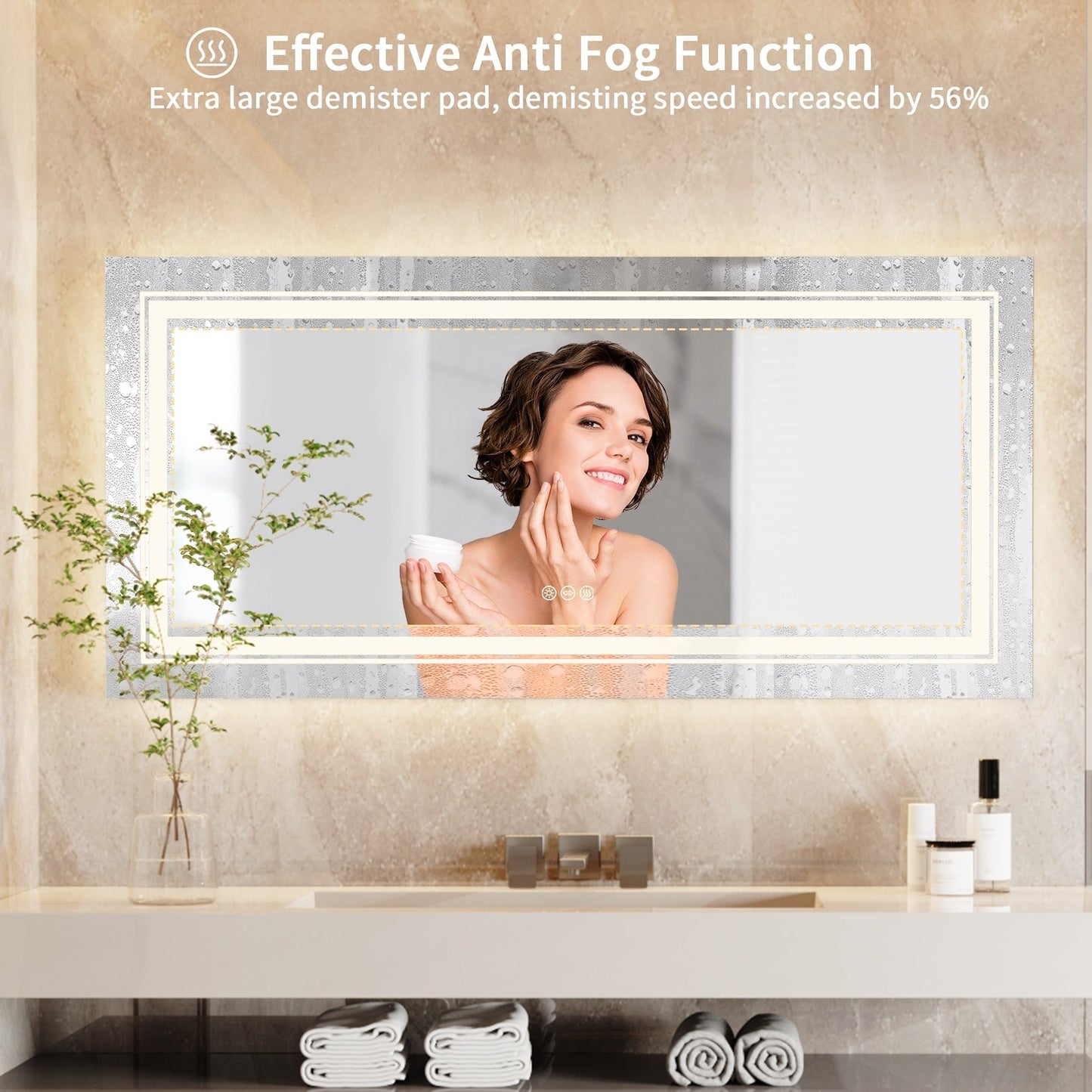 Miroir de salle de bain extra large avec éclairage LED, antibuée, 3 couleurs