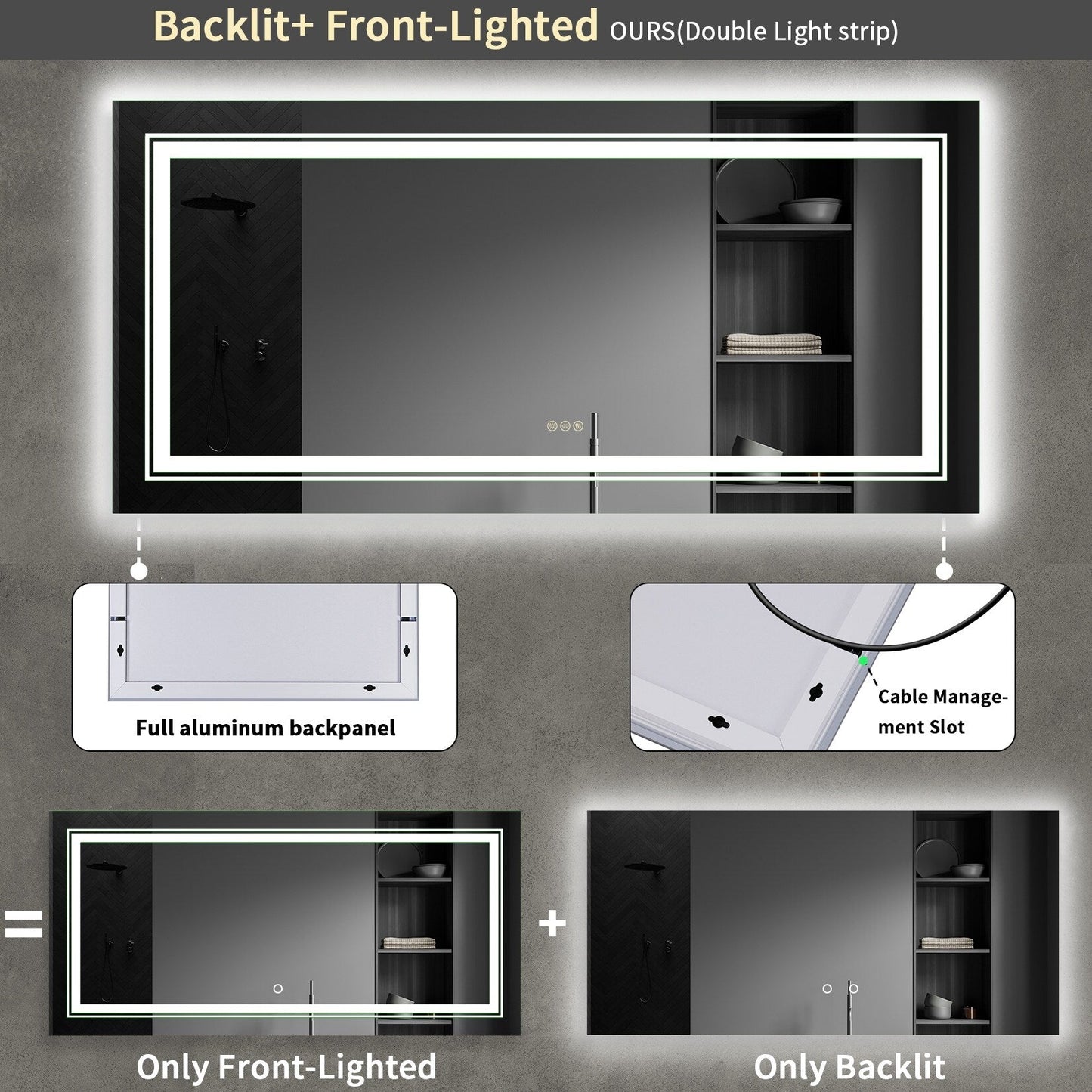 Miroir de salle de bain extra large avec éclairage LED, antibuée, 3 couleurs