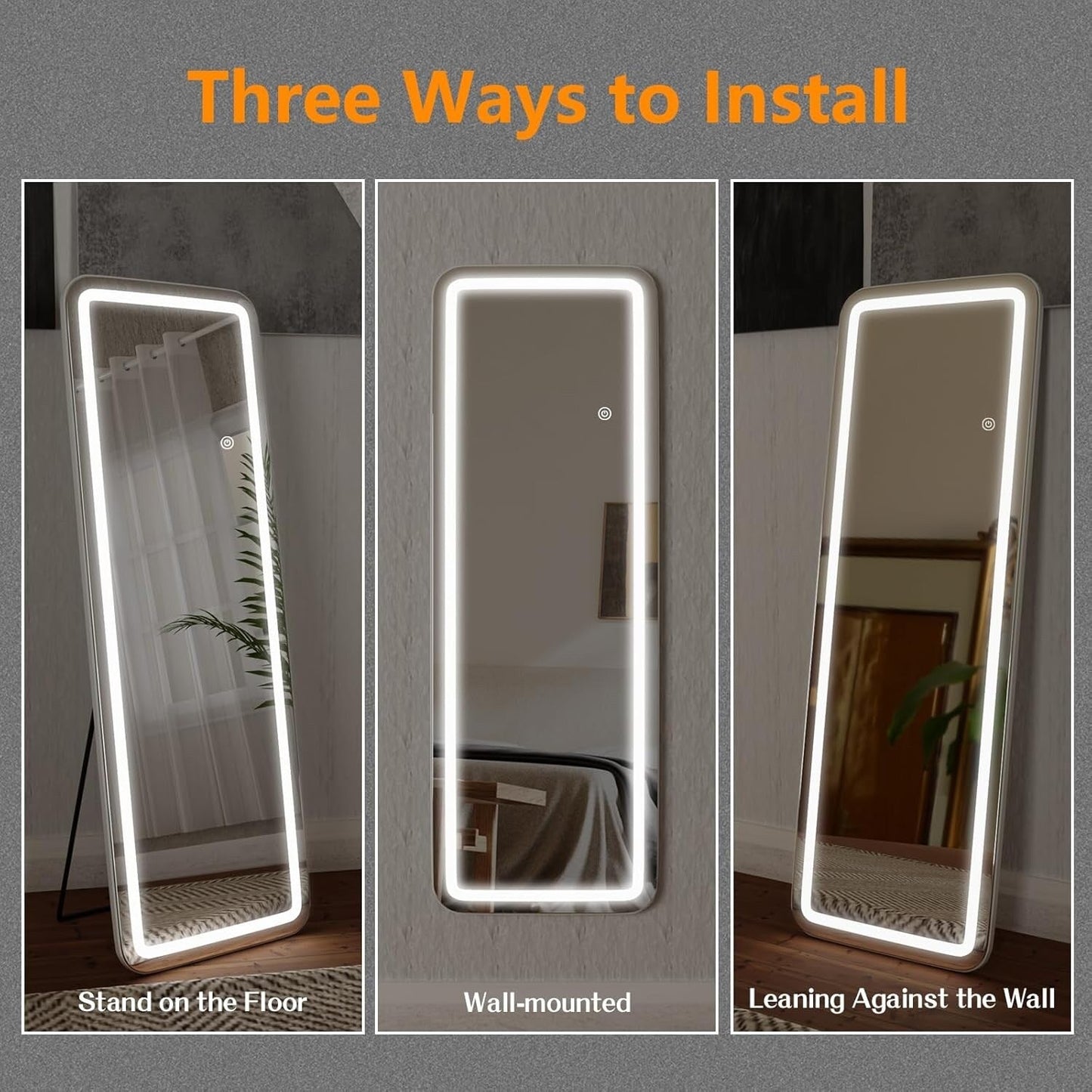 Miroir de sol avec éclairage LED, miroir pleine longueur 64 x 21 avec support, miroir suspendu, miroir mural, miroir intégral
