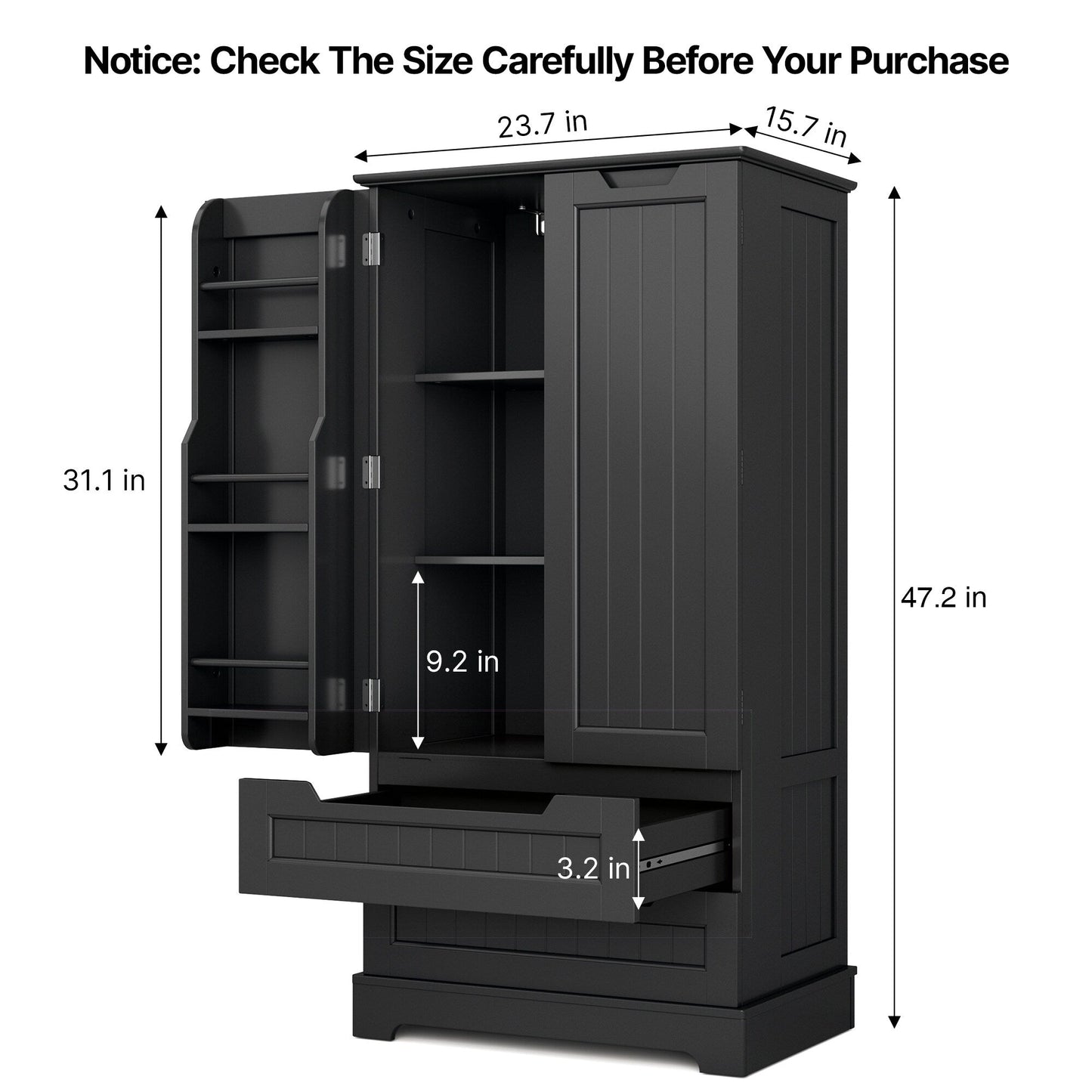 Armoire de rangement pour cuisine, garde-manger, armoire de rangement de salle de bain indépendante avec 2 portes et tiroirs