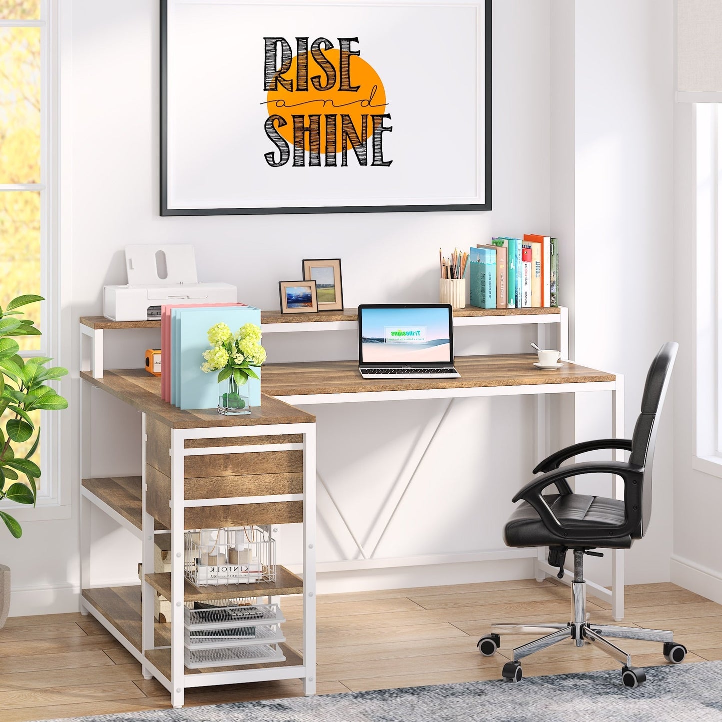 Bureau en L avec tiroir, bureau d'angle avec étagères de rangement et support d'écran, bureau PC rustique pour petits espaces