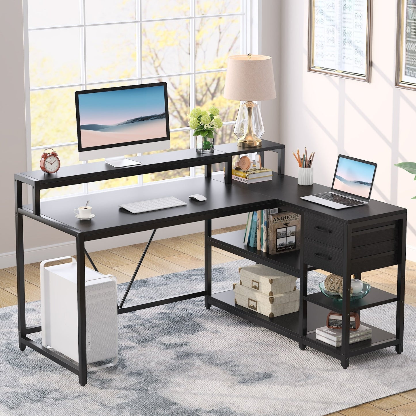Bureau en L avec tiroir, bureau d'angle avec étagères de rangement et support d'écran, bureau PC rustique pour petits espaces