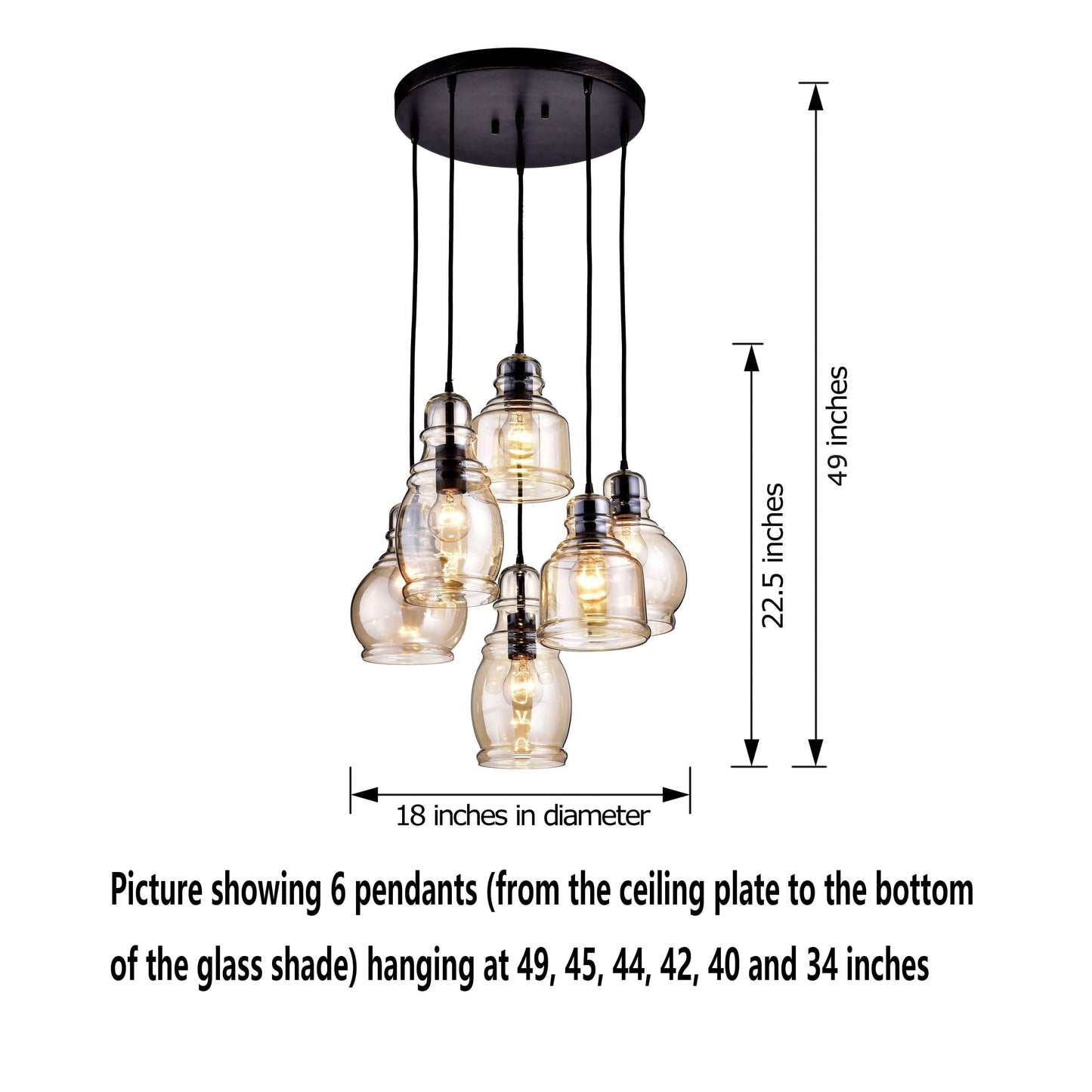 Suspension Mariana à 6 lumières en verre cognac noir antique et base ronde
