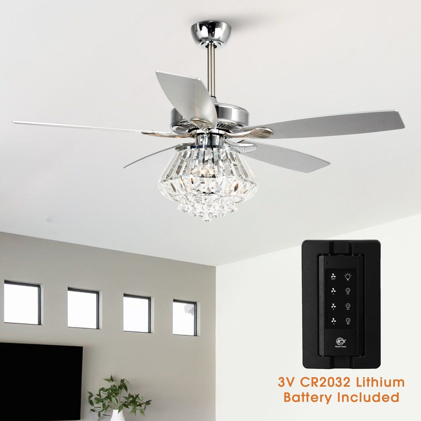 Ventilateur de plafond moderne en cristal chromé de 52 pouces avec télécommande