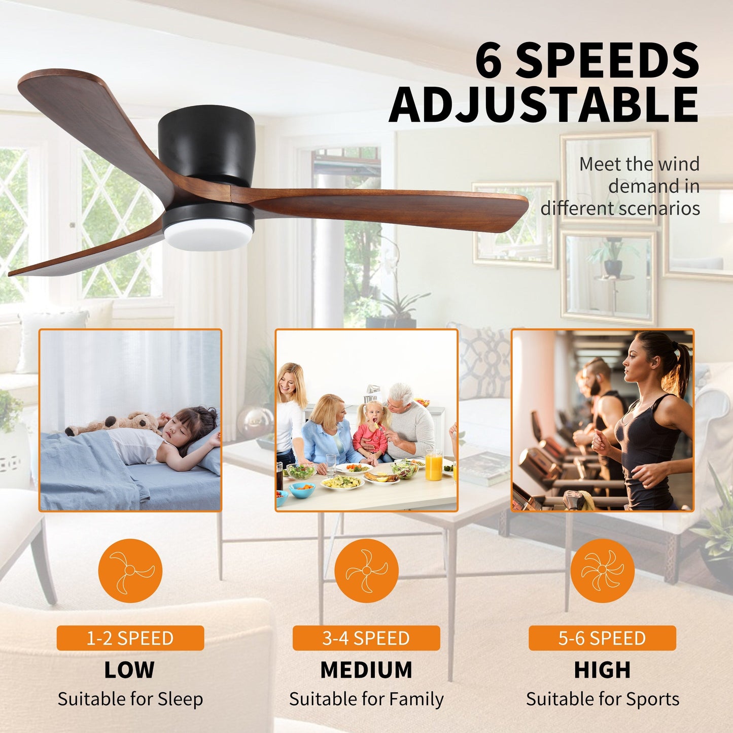 Ventilateurs de plafond modernes encastrés avec éclairage LED à intensité variable et télécommande, ventilateurs de plafond à moteur réversible pour salon, 42 pouces, noir