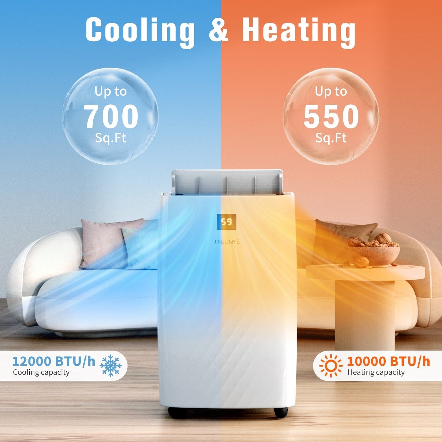 Climatiseur portatif avec chauffage – 12 000 BTU de refroidissement et 10 000 BTU de chauffage pour pièces jusqu'à 700 pi²