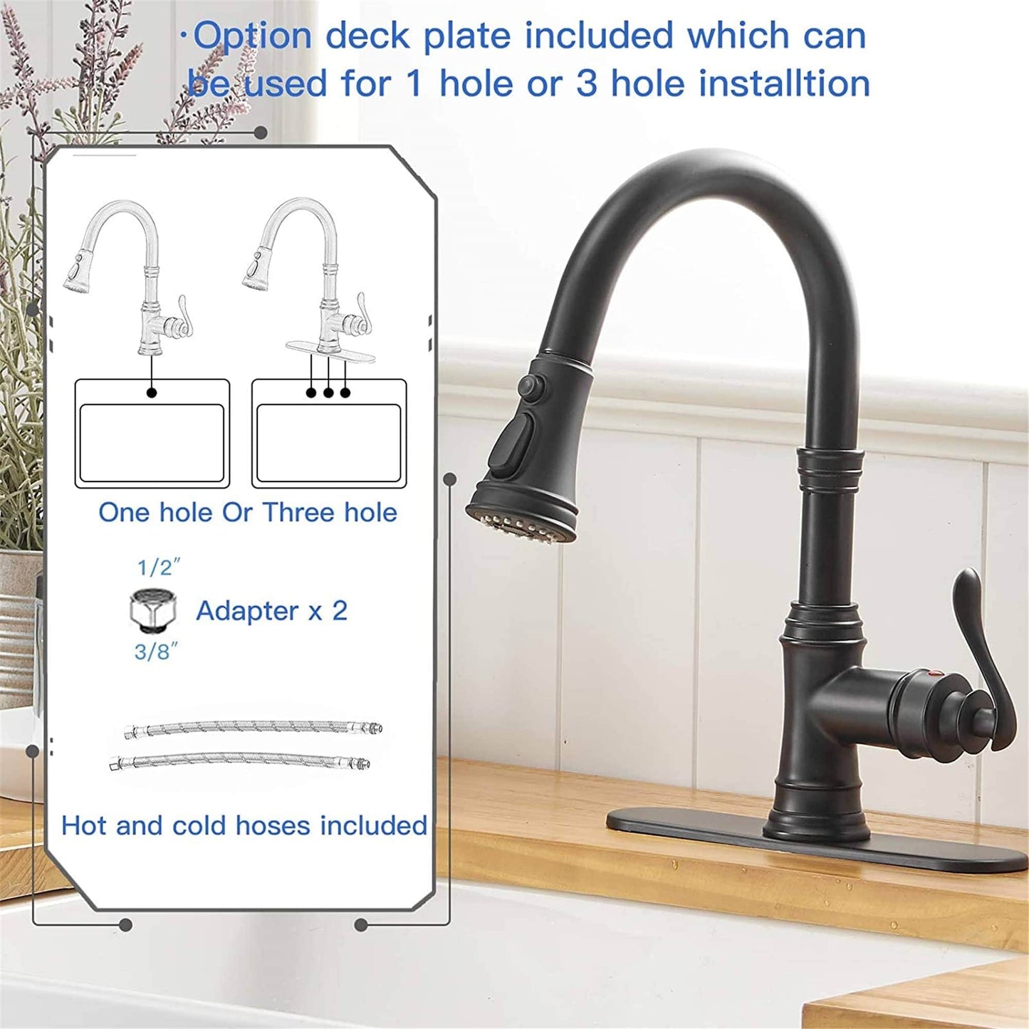 Robinet de cuisine à tirette, poignée unique, robinet d'évier de cuisine moderne à un trou avec douchette extractible, robinet de lavabo avec plaque de pont