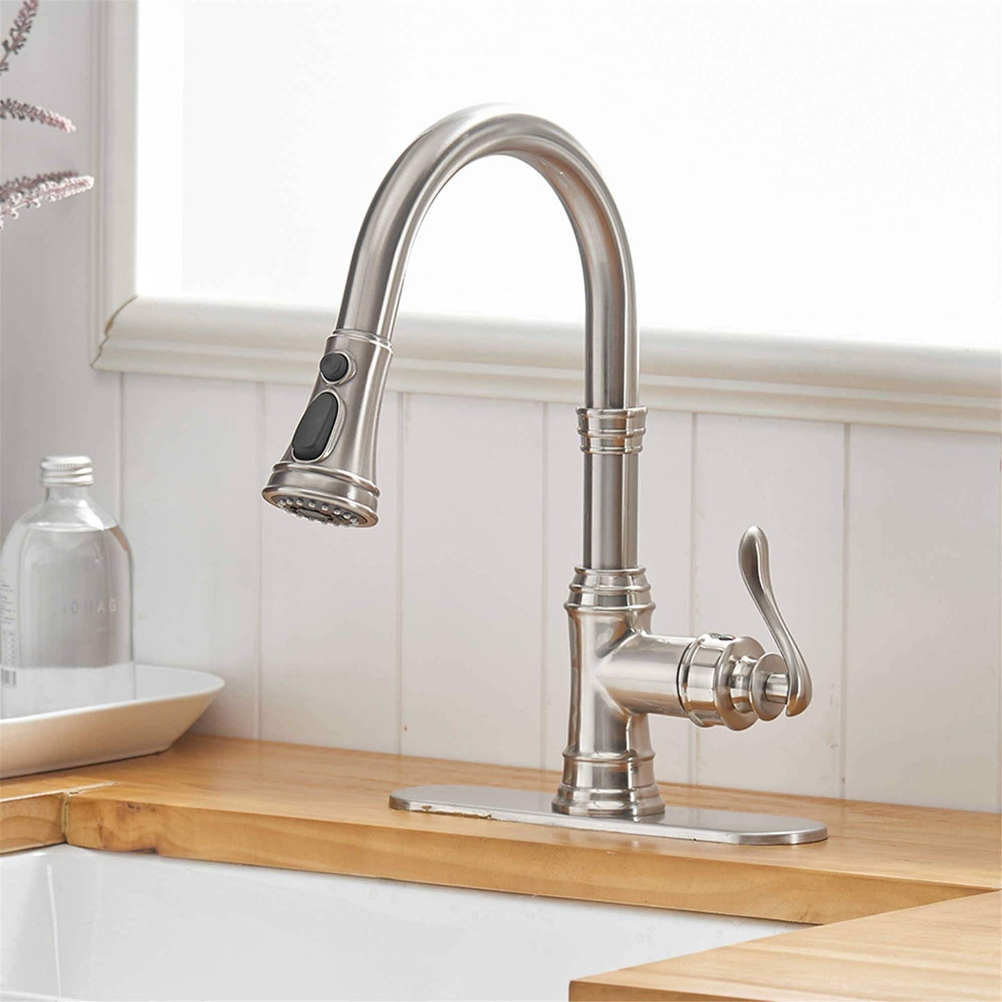 Robinet de cuisine à tirette, poignée unique, robinet d'évier de cuisine moderne à un trou avec douchette extractible, robinet de lavabo avec plaque de pont