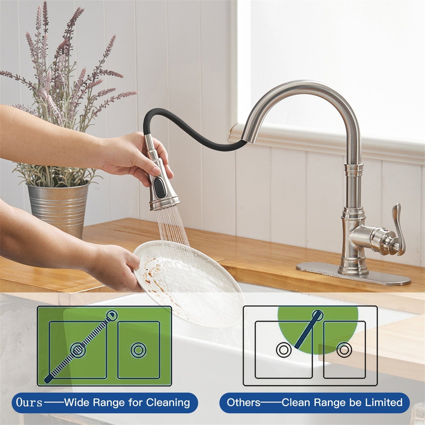 Robinet de cuisine à tirette, poignée unique, robinet d'évier de cuisine moderne à un trou avec douchette extractible, robinet de lavabo avec plaque de pont