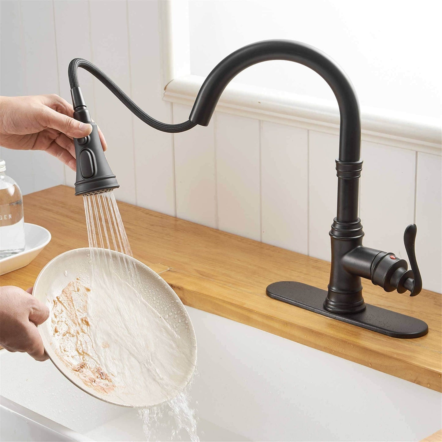 Robinet de cuisine à tirette, poignée unique, robinet d'évier de cuisine moderne à un trou avec douchette extractible, robinet de lavabo avec plaque de pont
