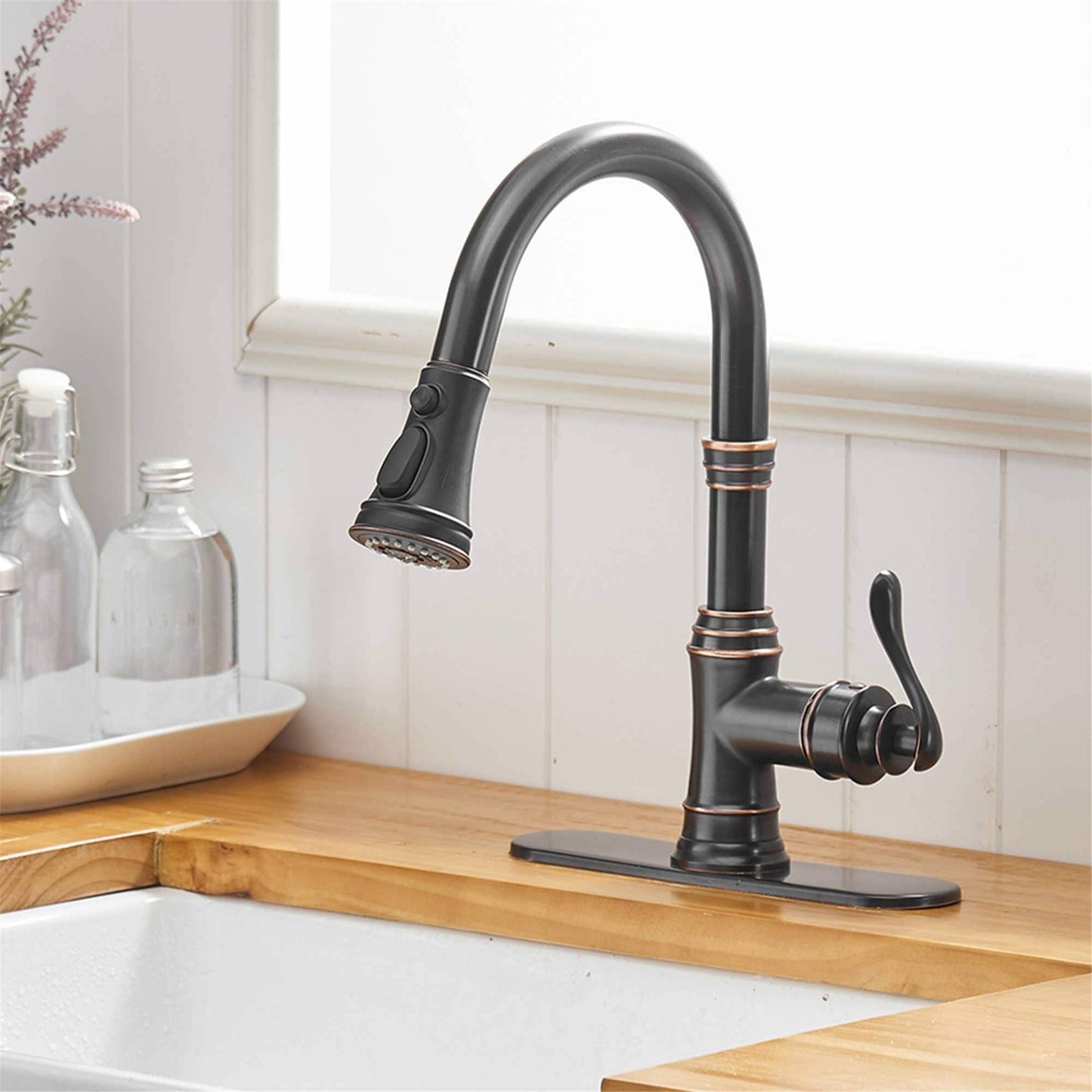 Robinet de cuisine à tirette, poignée unique, robinet d'évier de cuisine moderne à un trou avec douchette extractible, robinet de lavabo avec plaque de pont