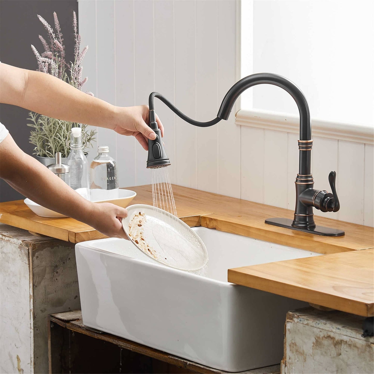 Robinet de cuisine à tirette, poignée unique, robinet d'évier de cuisine moderne à un trou avec douchette extractible, robinet de lavabo avec plaque de pont