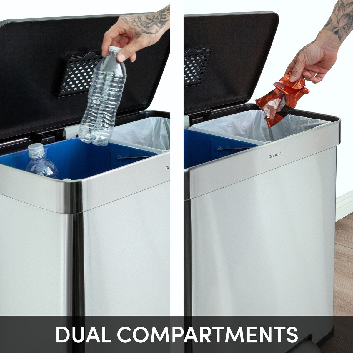 Poubelle de recyclage rectangulaire Qualiazero 16 gal (unité double 8 gal) - Acier inoxydable