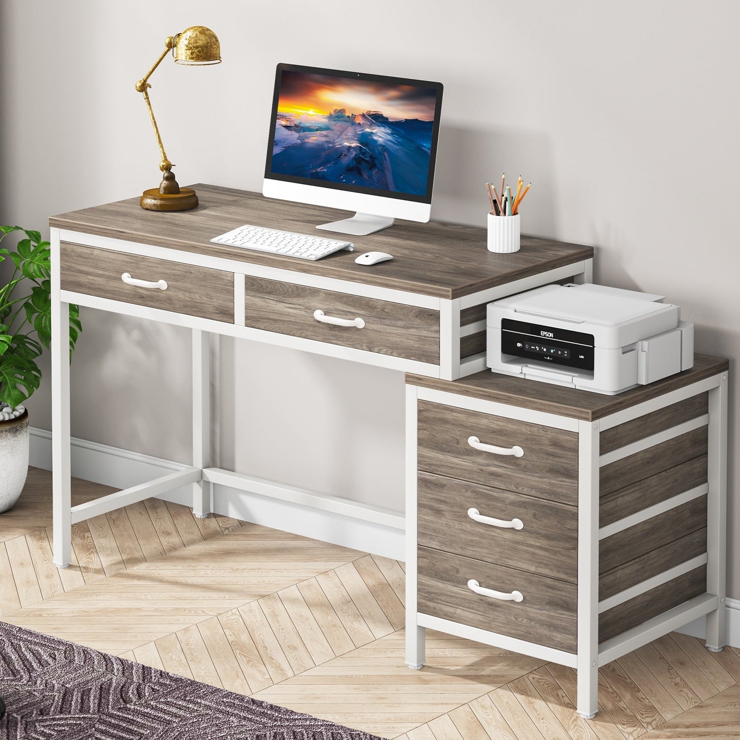 Bureau d'ordinateur réversible avec 5 tiroirs, bureau à domicile avec classeur, tiroir et support d'imprimante