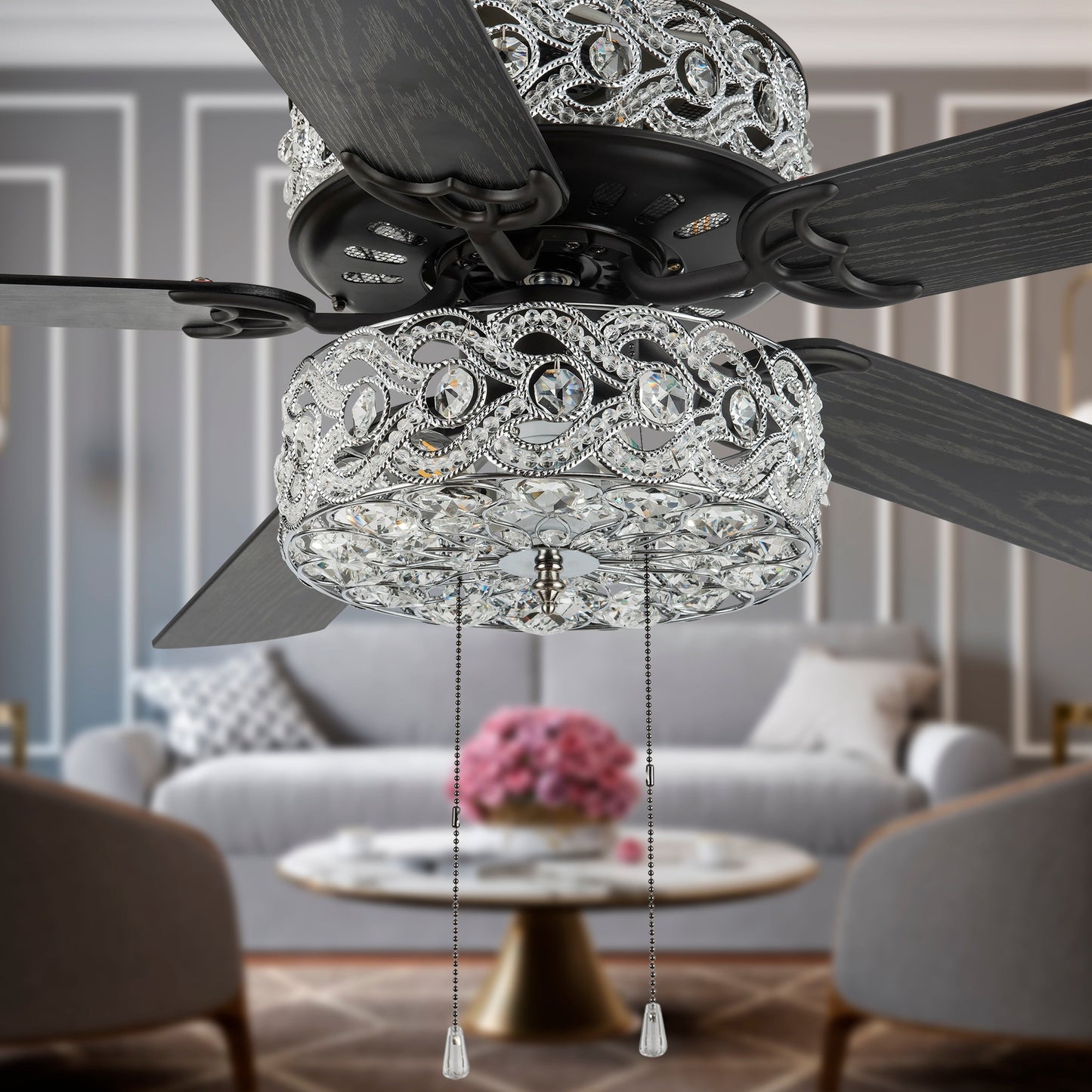 Ventilateur de plafond à DEL River of Goods Olivia, finition bronze huilé/cristal, 52 pouces - 52L x 52W x 18.25H - 52L x 52W x 18.25H