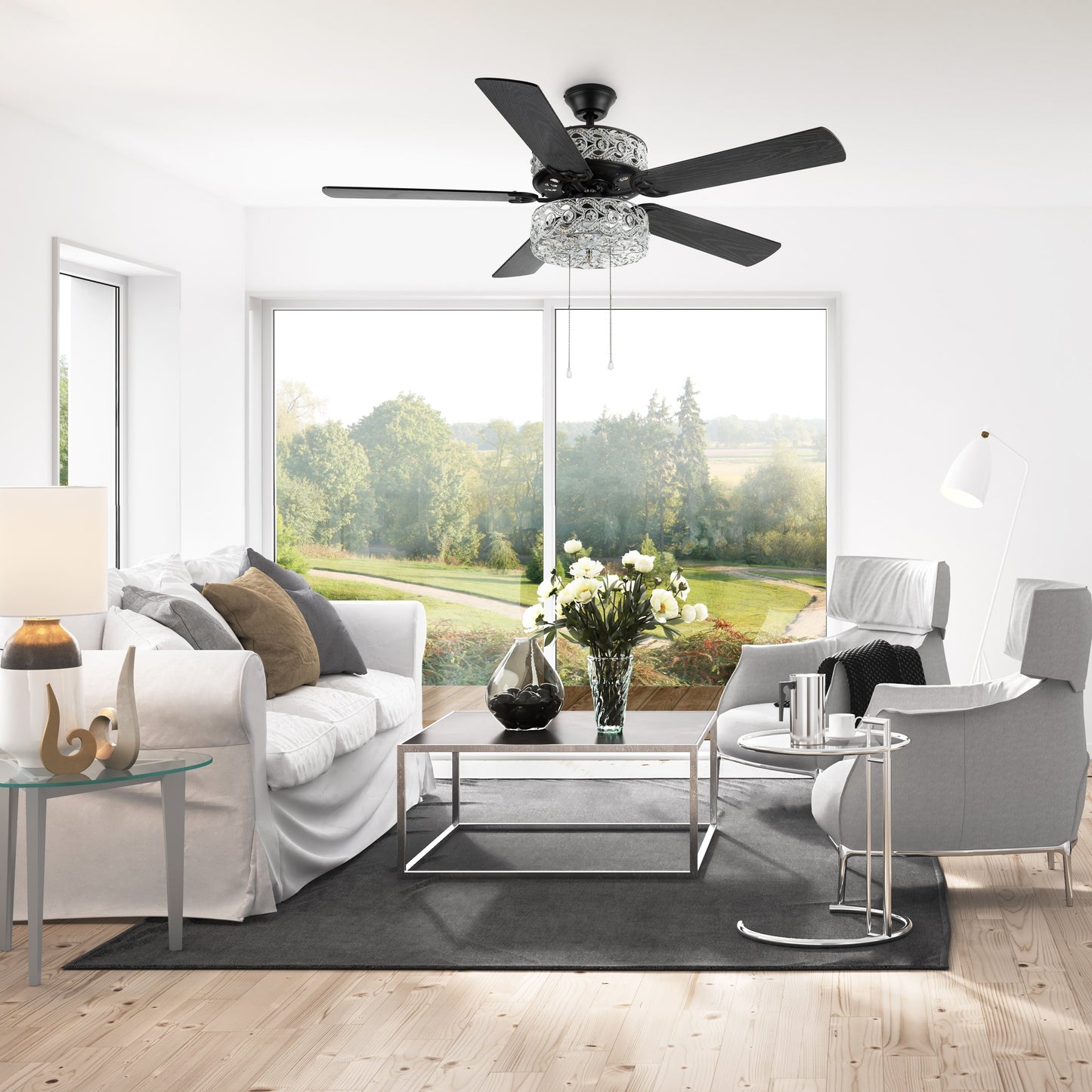 Ventilateur de plafond à DEL River of Goods Olivia, finition bronze huilé/cristal, 52 pouces - 52L x 52W x 18.25H - 52L x 52W x 18.25H