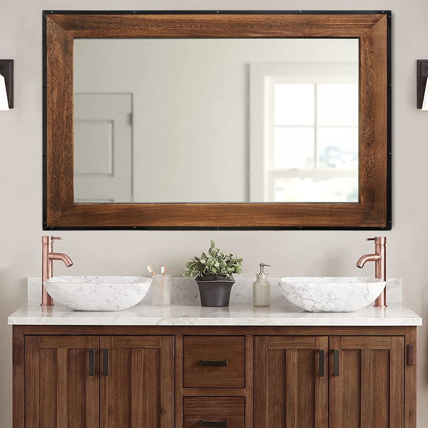 Miroir mural rustique en bois naturel et cadre en fer