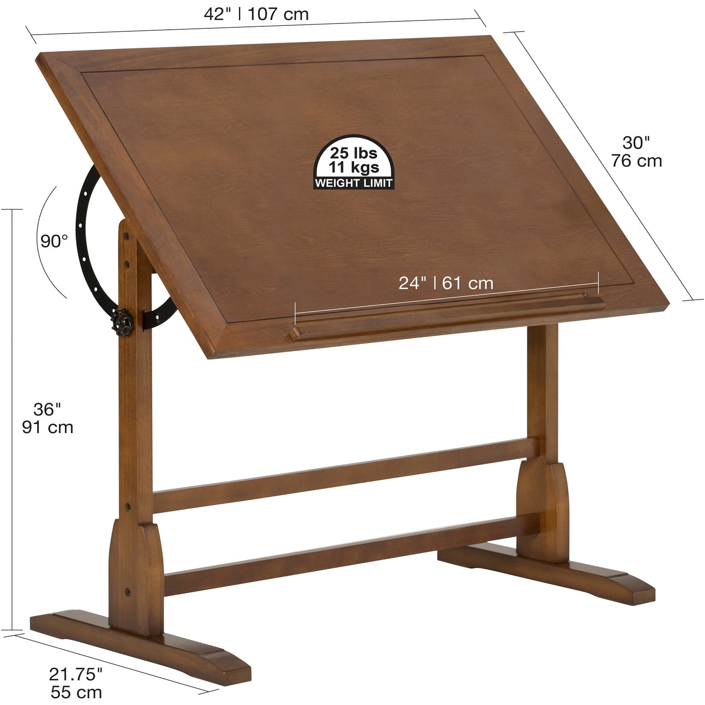 Table à dessin vintage en bois de 36 pouces avec plateau réglable en angle pour le dessin