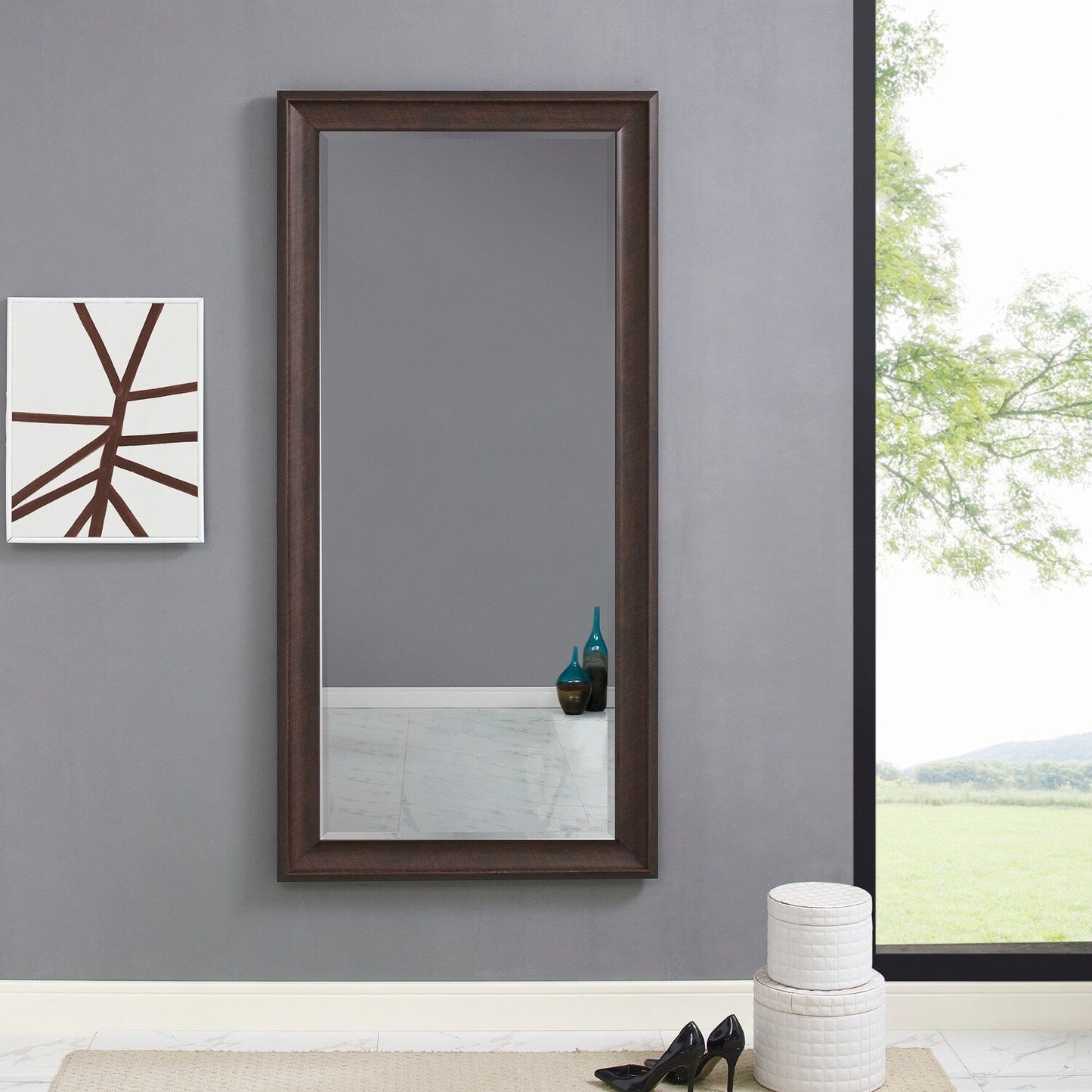 Grand miroir sur toute la surface, miroir surdimensionné, cadre en imitation bois lisse, miroir rectangulaire à suspendre au mur