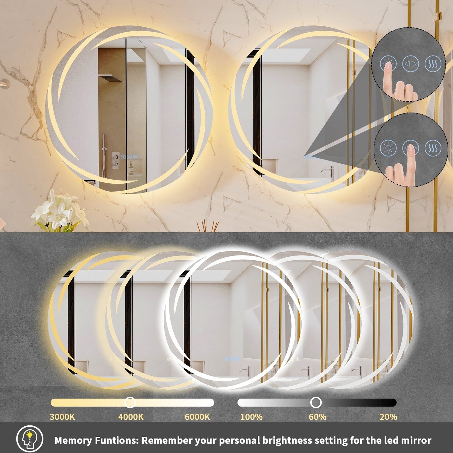 Miroir de salle de bain unique, grand et rétroéclairé à LED, sans scintillement