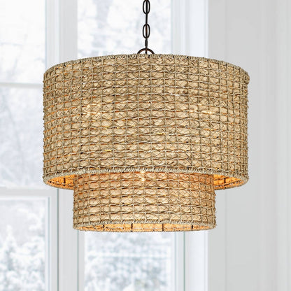 Suspension tambour traditionnelle en rotin naturel à 4 lumières avec auvent noir - Noir/ocre - 50,8 cm de largeur