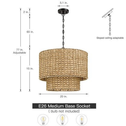 Suspension tambour traditionnelle en rotin naturel à 4 lumières avec auvent noir - Noir/ocre - 50,8 cm de largeur