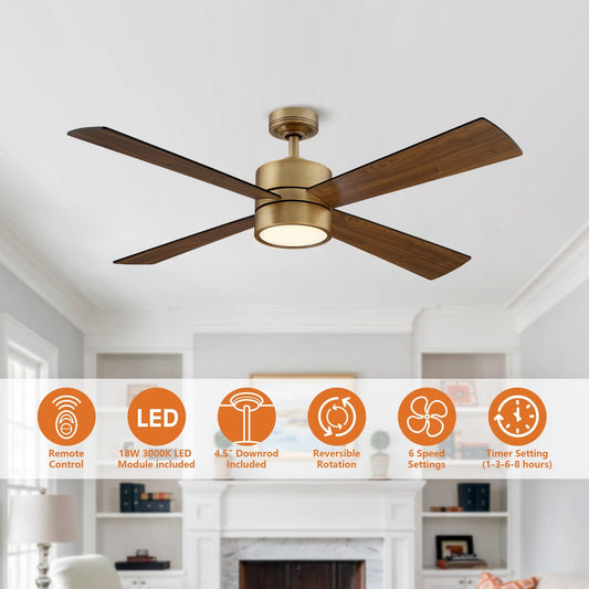 Ventilateur de plafond d'intérieur à 4 pales en laiton antique avec éclairage et télécommande