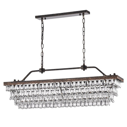 Éclairage rectangulaire pour îlot de cuisine en bronze antique à 6 lumières avec suspension en cristal - Bronze antique