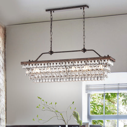 Éclairage rectangulaire pour îlot de cuisine en bronze antique à 6 lumières avec suspension en cristal - Bronze antique