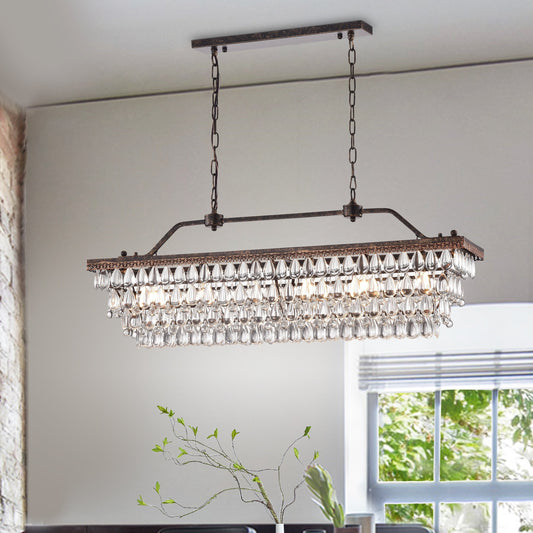 Éclairage rectangulaire pour îlot de cuisine en bronze antique à 6 lumières avec suspension en cristal - Bronze antique