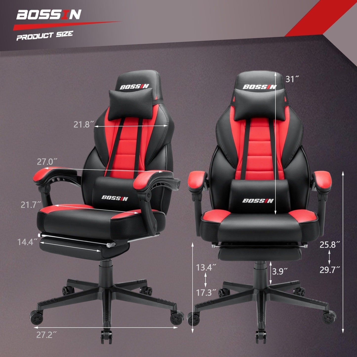 Chaise de jeu de style course BOSSIN, chaise de jeu grande et grande de 300 lb, chaise d'ordinateur à dossier haut