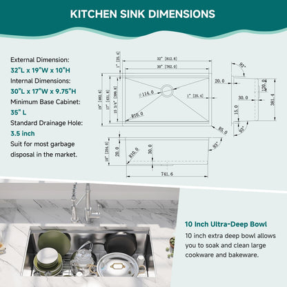 Évier de cuisine sous plan CB HOME 32 po, encastrable, noir/acier inoxydable, cuve simple avec accessoires