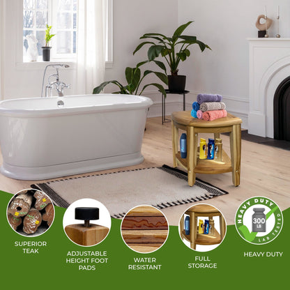 EcoDecors, Banc de douche élégant en teck, Tabouret de douche en teck, Tabouret d'angle, Banc de douche d'angle en teck, Avec étagère