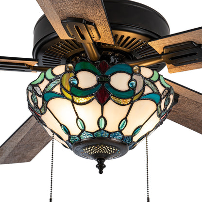 Ventilateur de plafond télécommandé à 3 lumières, 52 pouces, bronze huilé et vitrail, Della River of Goods